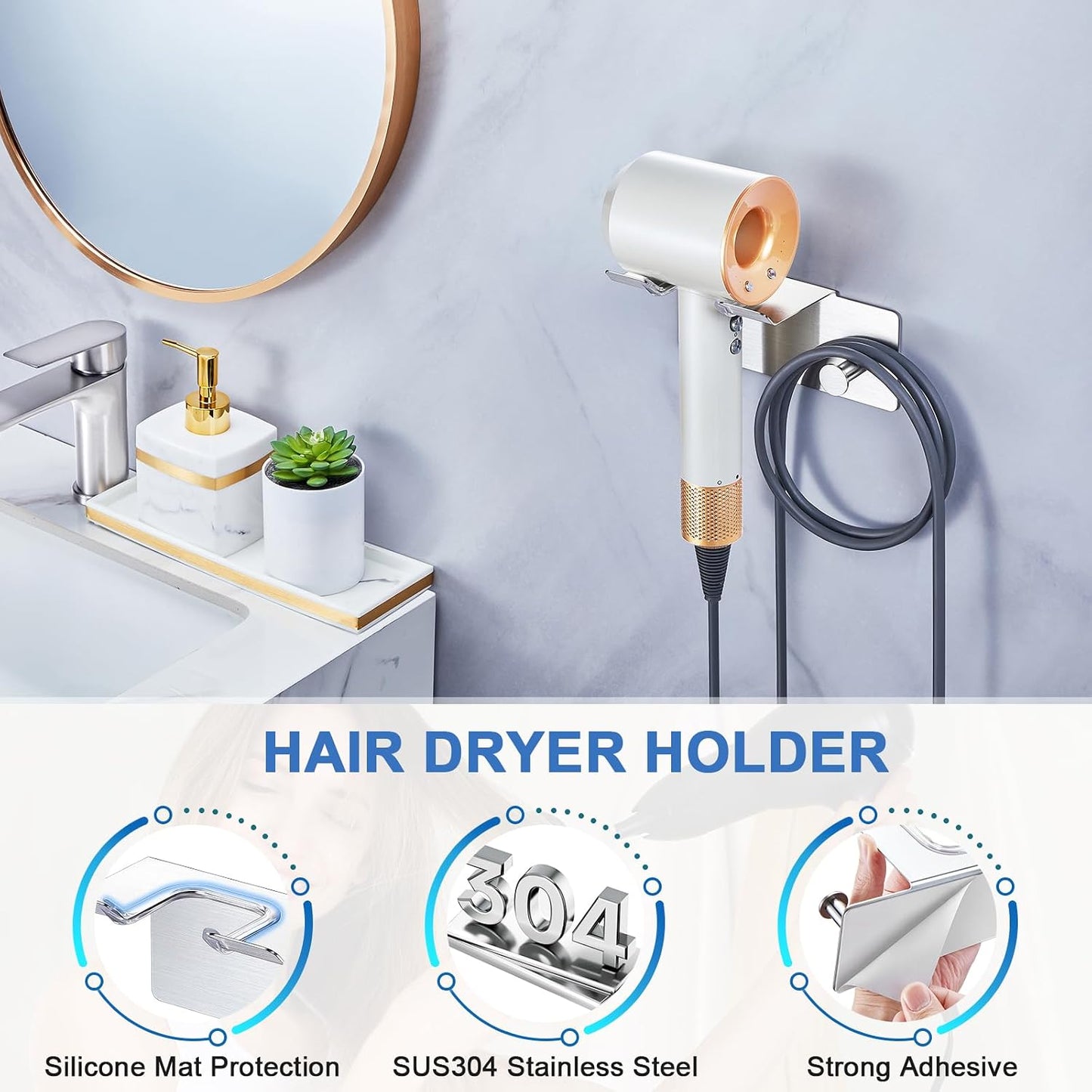 Hair Dryer Holder Wall Mounted, Blow Dryer Holder Adhesive, Metal Hairdryer Holder for Bathroom, Hair Tool Organizer with Plug&Cord for Cabinet Bathroom Bedroom Barber Shops (Rose Gold)