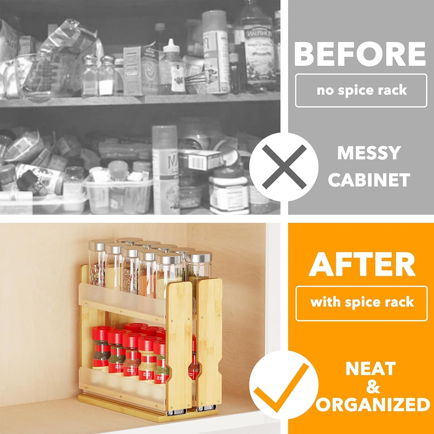 SpaceAid Bamboo Pull Out Spice Rack Organizer for Cabinet, Heavy Duty Slide Out Seasoning Kitchen Pantry Sliding Vertical Organization, 7.6" Wide, 3 Drawers(2" Wide), 2-Tier, Natural