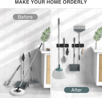 homeasy Wall Mount Mop and Broom Holder, Heavy Duty Stainless Steel Organizer Rack with Hooks | 2-Pack, 2-in-1 No Drill & Screw Installation, Silver