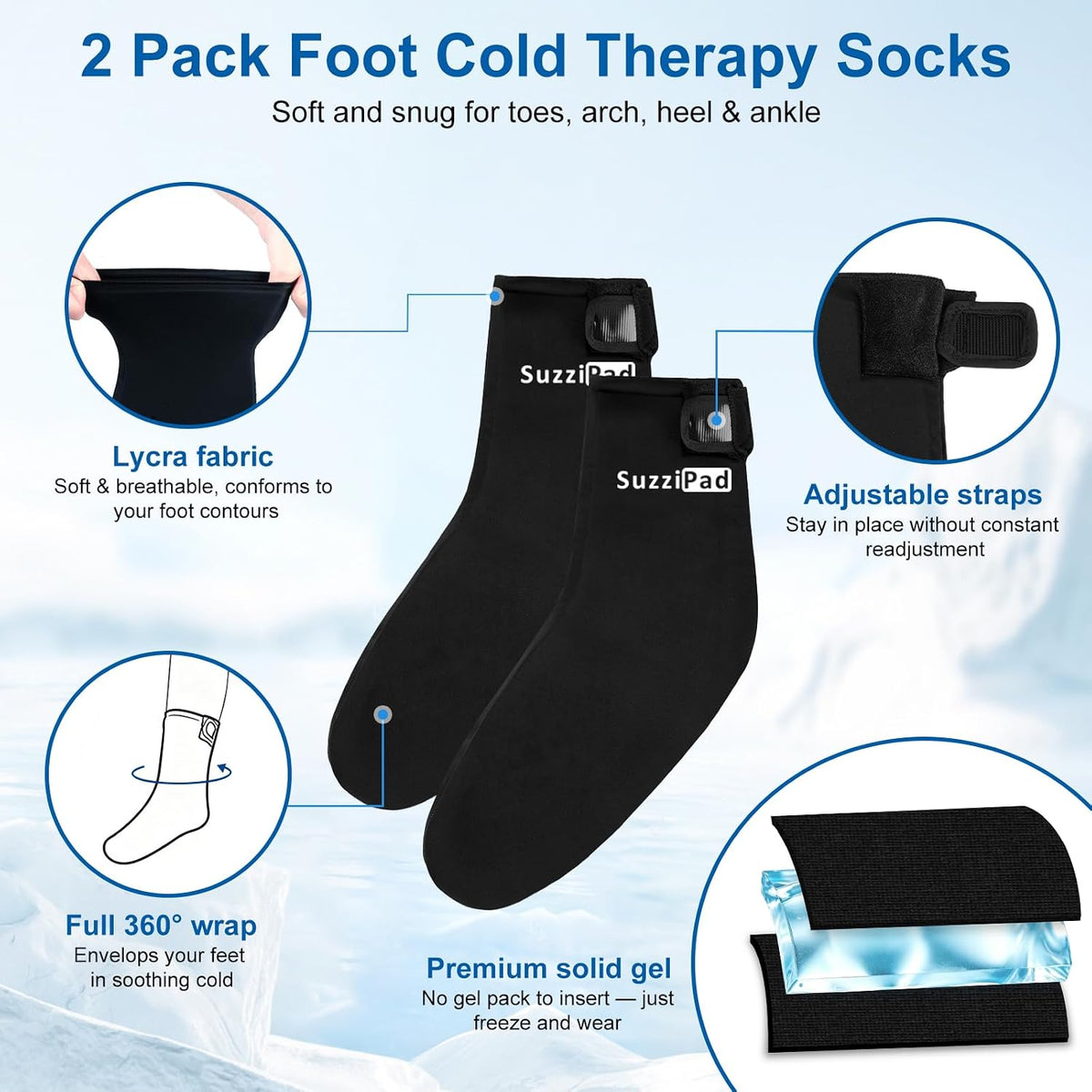 SuzziPad Cold Therapy Socks, Adjustable Ankle Ice Pack Wrap for Chemo, M