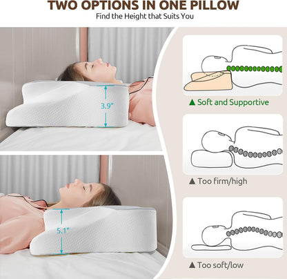 DONAMA Contour Cervical Neck Pillow for Neck Pain Relief | Queen,Ergonomic Dual-Height,Odorless Memory Foam,Side/Back/Stomach Sleepers,Cooling Hypoallergenic Cover,OEKO-TEX Certified