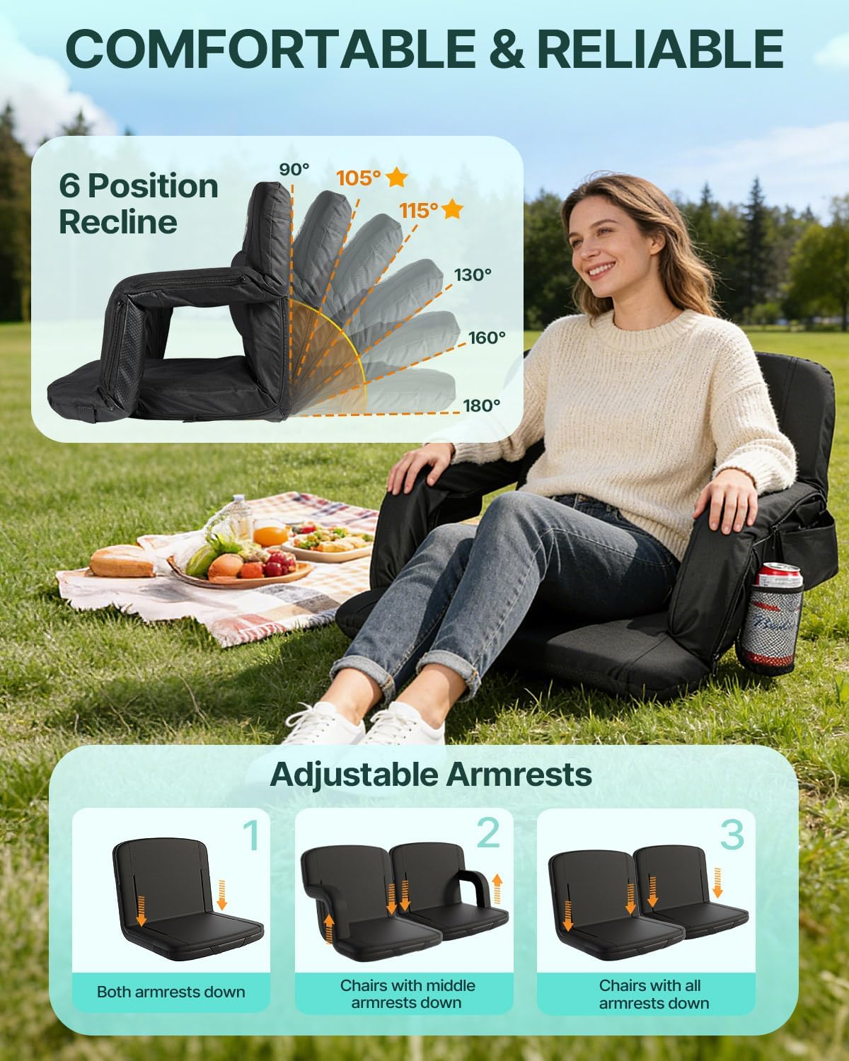 HOPERAN 21" Heated Stadium Seats for Bleachers with Back Support, Black 2PC | Seat & Back Heat Wired Control, 3 Heat Levels (NO Battery), Soft Cushion, 6 Recline, Anti-Slip, Side Pockets, Backpack Straps