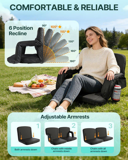HOPERAN 21" Heated Stadium Seats for Bleachers with Back Support, Black 2PC | Seat & Back Heat Wired Control, 3 Heat Levels (NO Battery), Soft Cushion, 6 Recline, Anti-Slip, Side Pockets, Backpack Straps