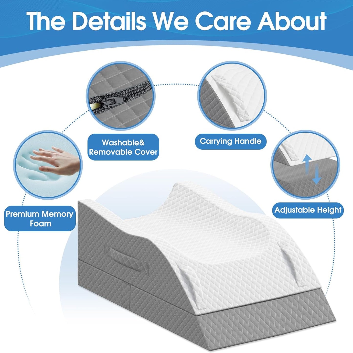 TranquilRelax Leg Elevation Pillows for After Surgery, Wedge Pillow, Grey | Memory Foam, All-around Knee & Ankle Support for Swelling, Height-adjustable, Nop-Slip Bottom, Washable Cover, Single-leg