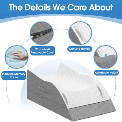 TranquilRelax Leg Elevation Pillows for After Surgery, Wedge Pillow, Grey | Memory Foam, All-around Knee & Ankle Support for Swelling, Height-adjustable, Nop-Slip Bottom, Washable Cover, Single-leg