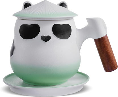 ZENS Tea Infuser Mug with Lid for Loose Leaf Tea Steeper, 11oz Panda | Embossed Ceramic Tea Infuser Mug with Fine Strainer for Herbal Tea Lovers Gifts, Nature Wood Handle