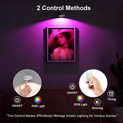 3 Pack Picture Lights for Wall, Rechargeable Battery Operated wall lights, Picture Frame lights with 3 Lighting Modes, Wireless Magnetic Painting Light with Remote Control Timer (White, 3 Pack)