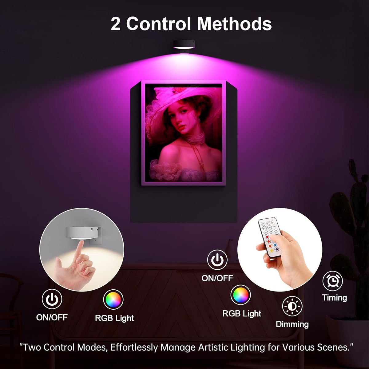 Picture Lights for Wall, Rechargeable Battery Operated wall lights, Picture Frame lights with Lighting Modes, Wireless Magnetic Painting Light with Remote Control Timer (White)