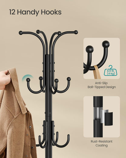 SONGMICS Coat Rack Freestanding Metal Coat Rack Stand with 12 Hooks | Coat Rack with Umbrella Holder