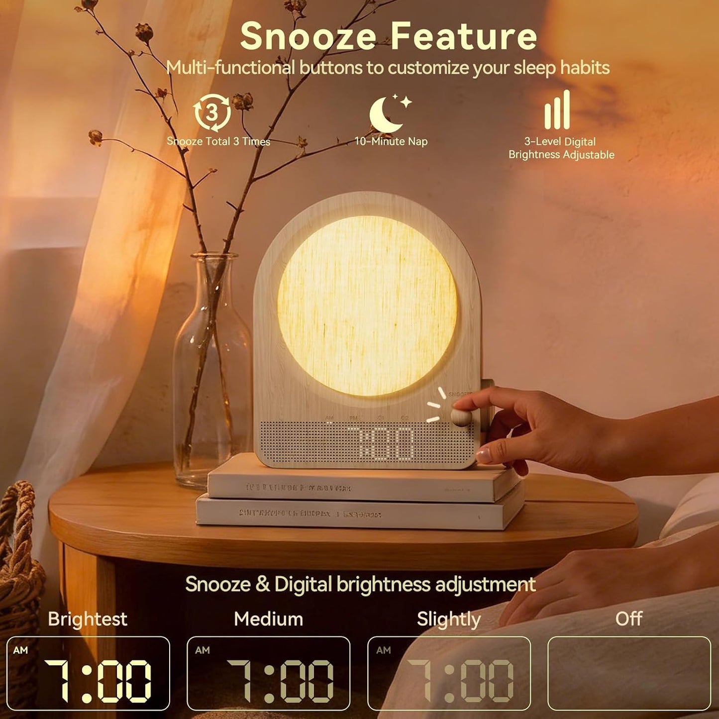 Vivilumens Gradual Sunrise Alarm Clock & White Noise Sound Machine for Better Sleep - Wood Grain Design, Wake-Up Light, Night Light, 10 Natural Sounds, Dual Alarms for Heavy Sleepers