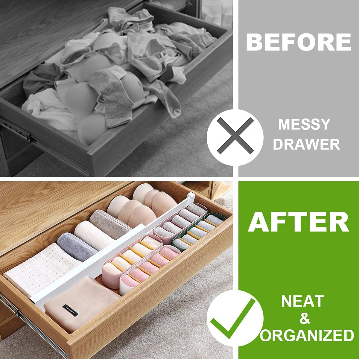 Bamboo Drawer Dividers Organizers, Drawer Separators Splitter,17-22 inches Long Adjustable Spring-loaded Organizer for Large Utensil, Clothes, Tools Drawers(yellow)