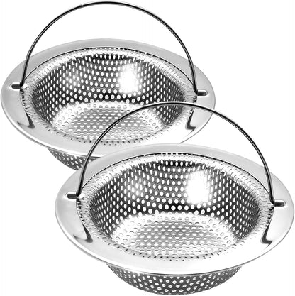 2 Pack Kitchen Sink Drain Strainer with Handle, Universal Stainless Steel Food Catcher Basket, Rust Free, Fits Most Kitchen Sinks