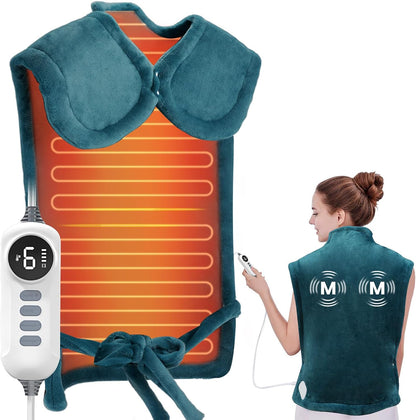 DAILYLIFE Heating Pad with Massager for Neck and Shoulders, Wearable Electric Heating Pads for Back Pain Relief, Auto-Shut Off, 6 Heat Settings, 4 Massage Modes, Large Size, UL Certified, Blue