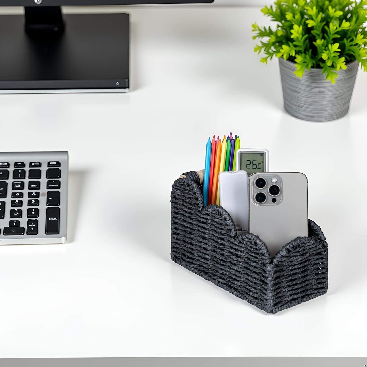 CubesLand Bedside Table Desk Organizer Caddy, Remote Pen&Pencil Holder Cup | Makeup Brush Holder w/Scalloped Perfect for Home, Office Desk, Living Room Table Decor, 3 Slots Neutral