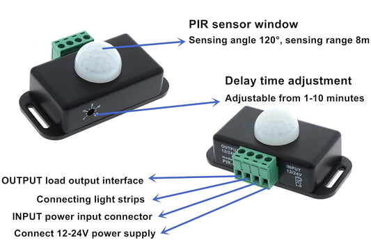 DC 12V 24V PIR Sensor LED Motion Sensor Switch,Body Infrared Sensing Controller for Timer Flexible LED Automatic Light Strips, 2Pack