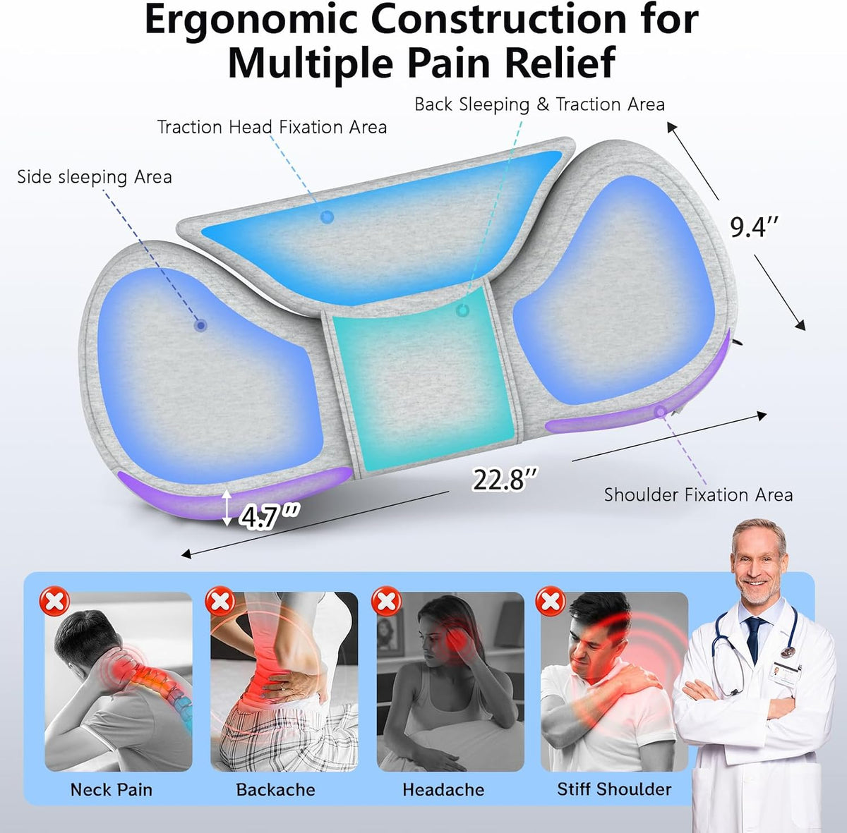 Cervical Neck Roll Pillow, Say Goodbye to Neck Pain, Travel Neck Support Pillow for Side Sleepers, Ergonomic Memory Foam Camping Pillow, Cervical Traction Device with Storage Bag (Blue)