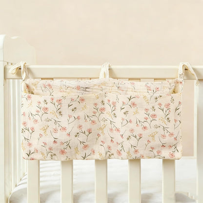 Baby Bedside Hanging Storage Bag Muslin Cotton Teddy Bear, Crib Diaper Caddy Organizer 2 Pockets, Nappy-Dormitory Nursery Organization Holder for Cribs, Playard or Wall Milk Bottle Bib Organizing