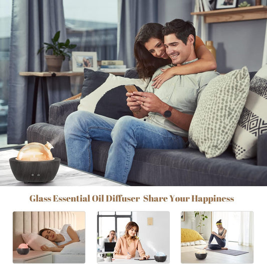 Glass Essential Oil Diffuser Wood Grain Base, 280ml Aromatherapy Diffusers Cool Mist Humidifier, LED Light in 7 Colors with Waterless Auto-Off Protection, for Office, Home, Yoga, Spa