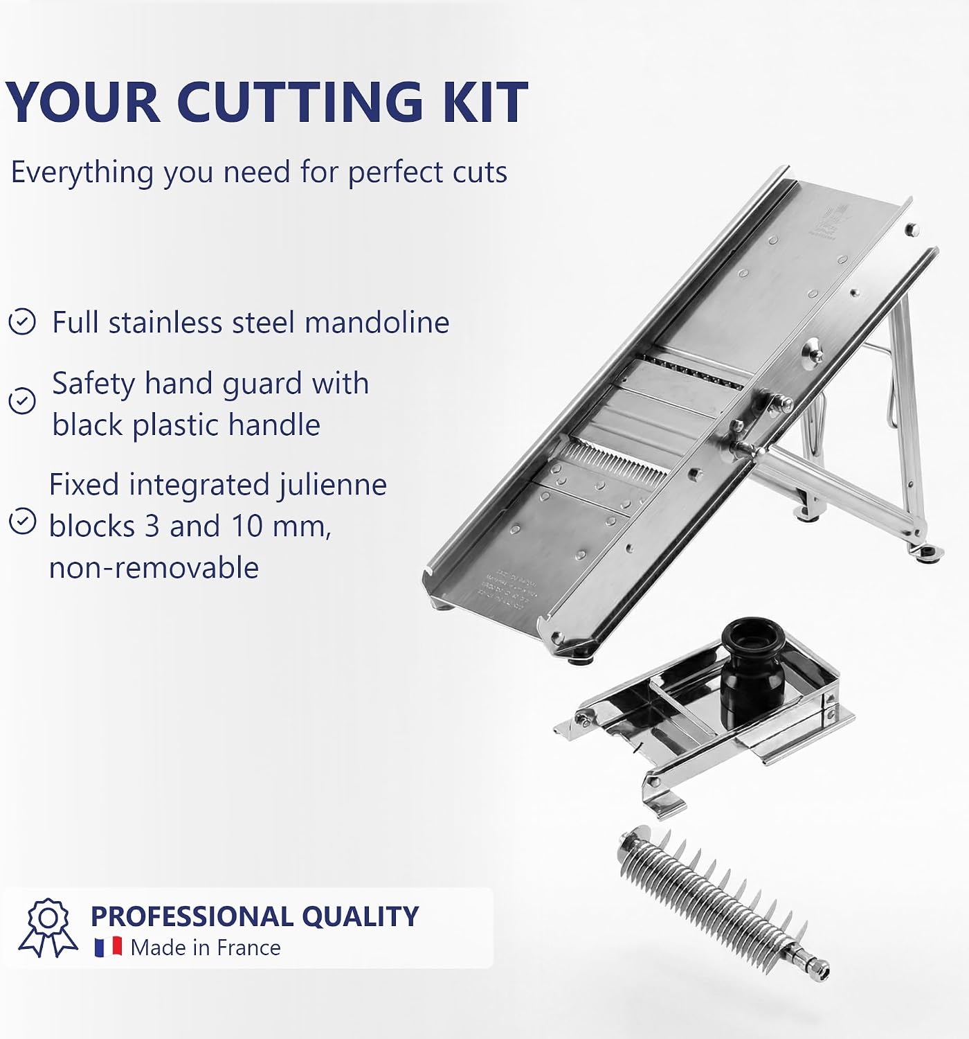 Bron Coucke – Professional Stainless Steel Mandoline with Protective Carriage – 2 Integrated Cutting Blade Units (3 mm & 10 mm) – Smooth & Corrugated Blades – Adjustable – Multi-Function