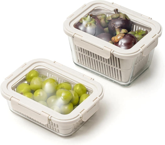 Glass Produce Storage Containers for Fridge, 2-Pack – Airtight Fruit & Vegetable Containers with Removable Colanders, Flexible Silicone Lids,LeakProof, BPA-Free Borosilicate Glass
