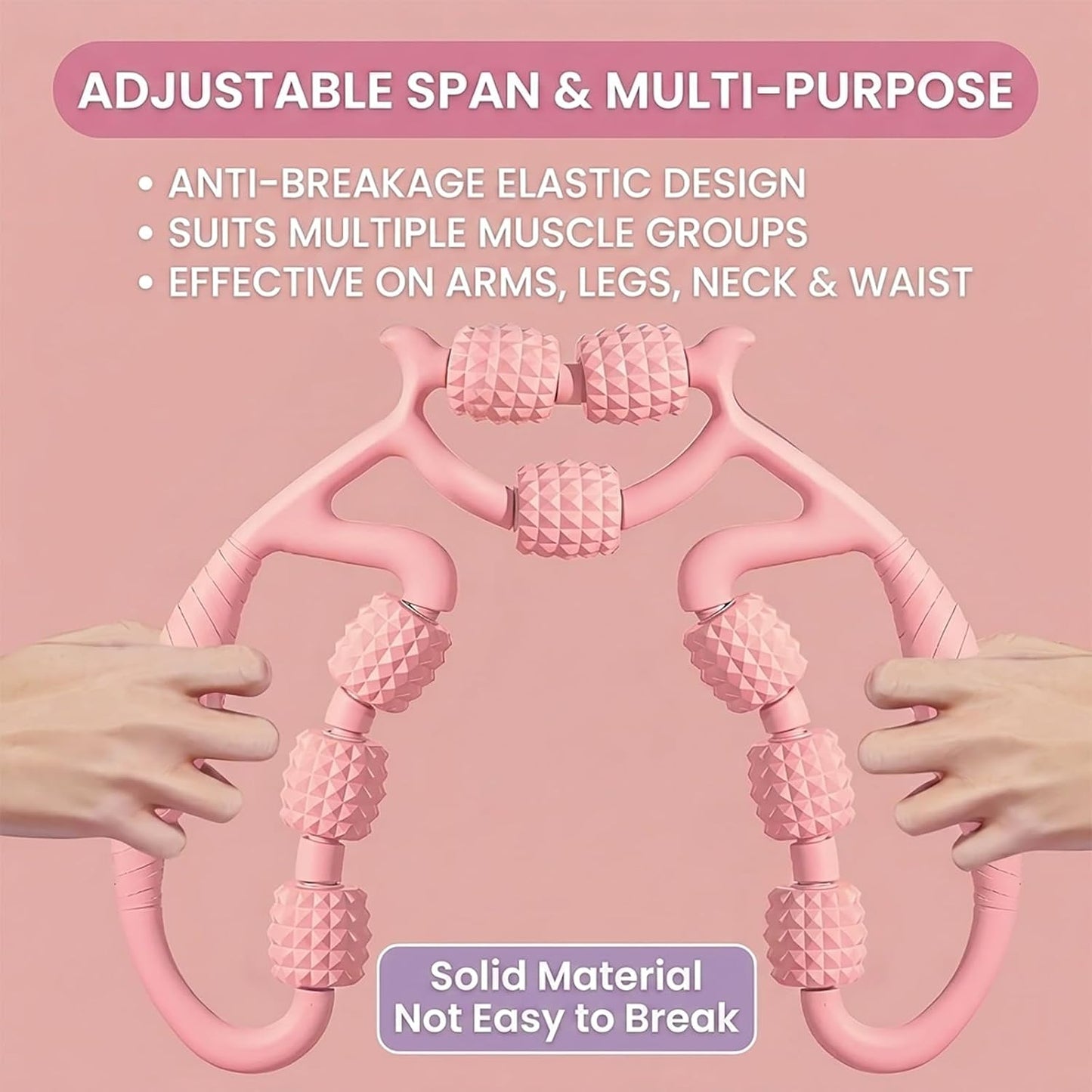 Full Body Massage Tool, Pink, 25cm Length | 9 Rollers, Manual Massager for Neck,Shoulder,Arms,legs,Multi-Massage Area Design