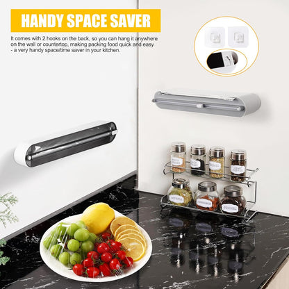 Aluminum Foil & Plastic Wrap Dispenser with Slide Cutter - Magnetic & No-Drill Wall Mount, Cling Film Dispenser for Worktops & Cabinets, Space-Saving Kitchen Organizer - Fits 12" Rolls, White