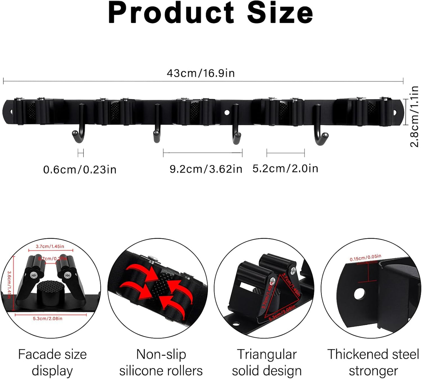 SUS304 5 Racks and 4 Hooks Mop and Broom Holder Wall Mount | Heavy Duty Self Adhesive Solid Non-slip Broom Organizer Storage Tool Racks for Home Kitchen Garden Laundry Garage