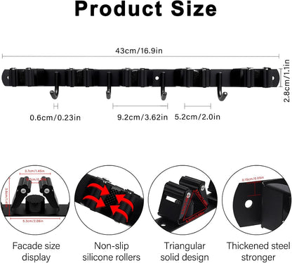 SUS304 5 Racks and 4 Hooks Mop and Broom Holder Wall Mount | Heavy Duty Self Adhesive Solid Non-slip Broom Organizer Storage Tool Racks for Home Kitchen Garden Laundry Garage