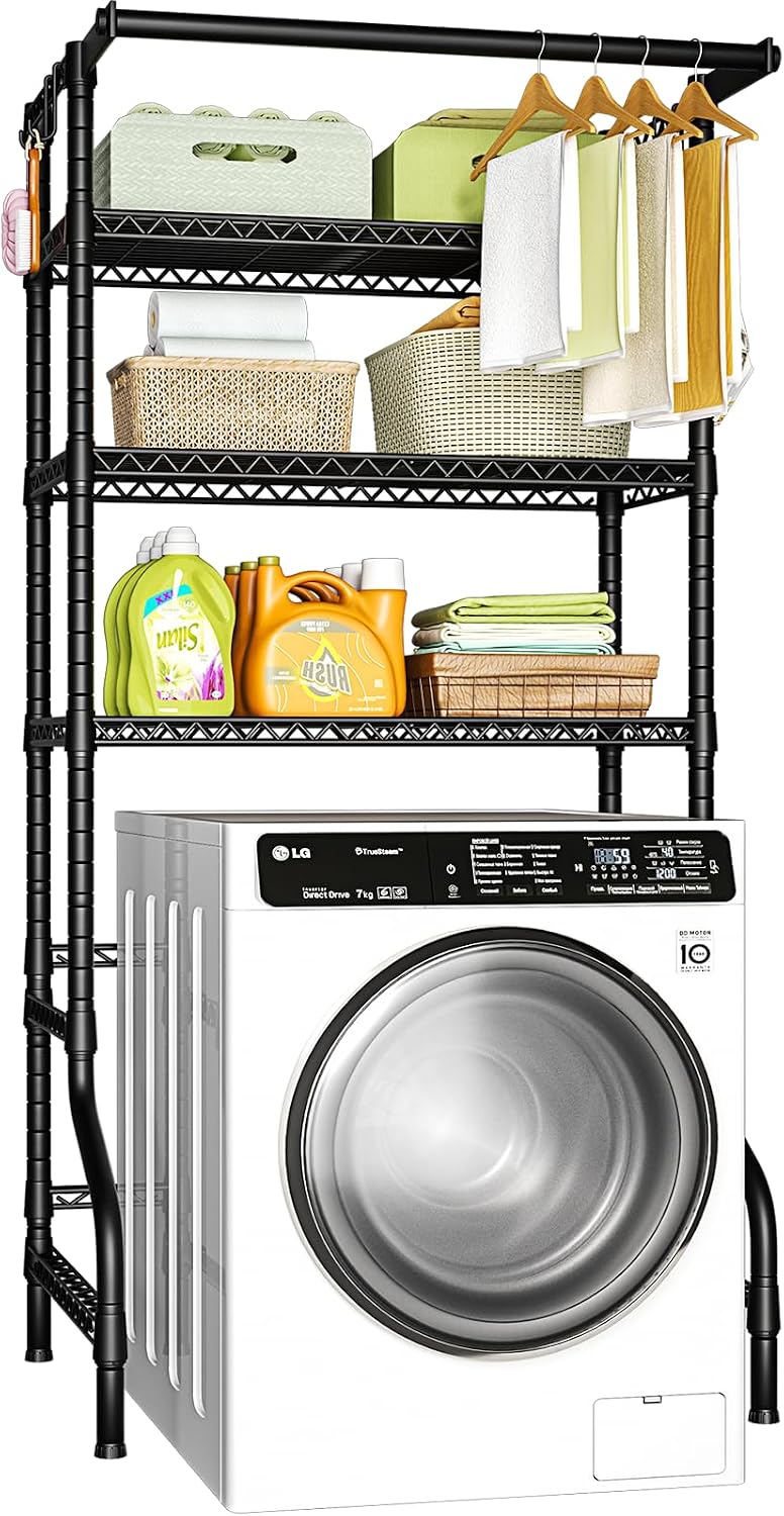 U11 Over Washer and Dryer Shelves, 3 Tiers Laundry Room Storage and Organizer Standing Shelf, Metal Freestanding Clothes Drying Rack, 33.9" W x 19.7" D x 77.6" H, Black