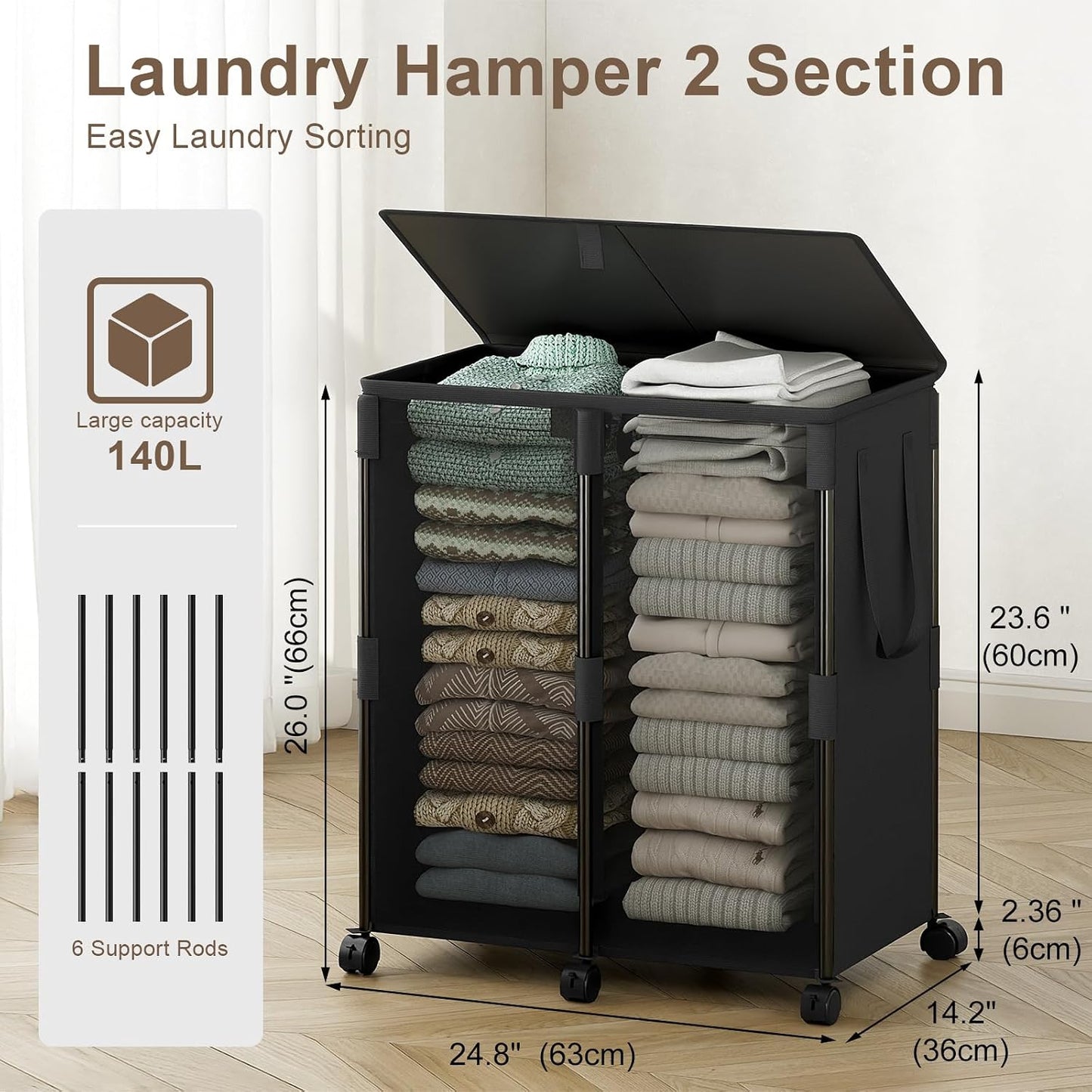 140L Double Laundry Hamper with Lid and 6 Wheels, Rolling Laundry Basket | Gasvadivum Metal Frame Laundry Sorter 2 Section with 2 Removable Bags, Large Clothes Cart for Bedroom, Bathroom, Black