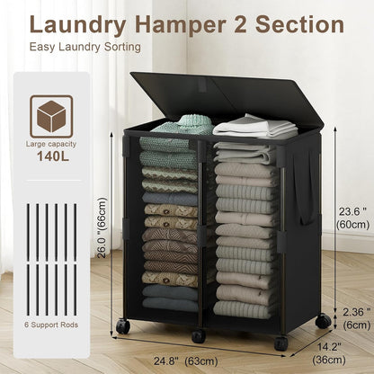 140L Double Laundry Hamper with Lid and 6 Wheels, Rolling Laundry Basket | Gasvadivum Metal Frame Laundry Sorter 2 Section with 2 Removable Bags, Large Clothes Cart for Bedroom, Bathroom, Black