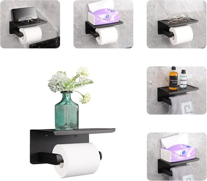 NearMoon Toilet Paper Holder with Shelf, Heavy Duty Bath Toilet Roll Holder with Phone Shelf Tissue Hanger for Bathroom/Kitchen No Drill or Wall Mounted(304 Stainless Steel, Brushed Gold)