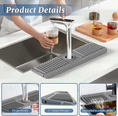 PoYang 24 Inch Faucet Mat for Kitchen Sink Splash Guard, Silicone, Black | Sink Protectors with 7° Slope for Smooth Drainage, Snap Button Holds It in Place, 90° Foldable & Cuttable Hole Fit Most Sinks