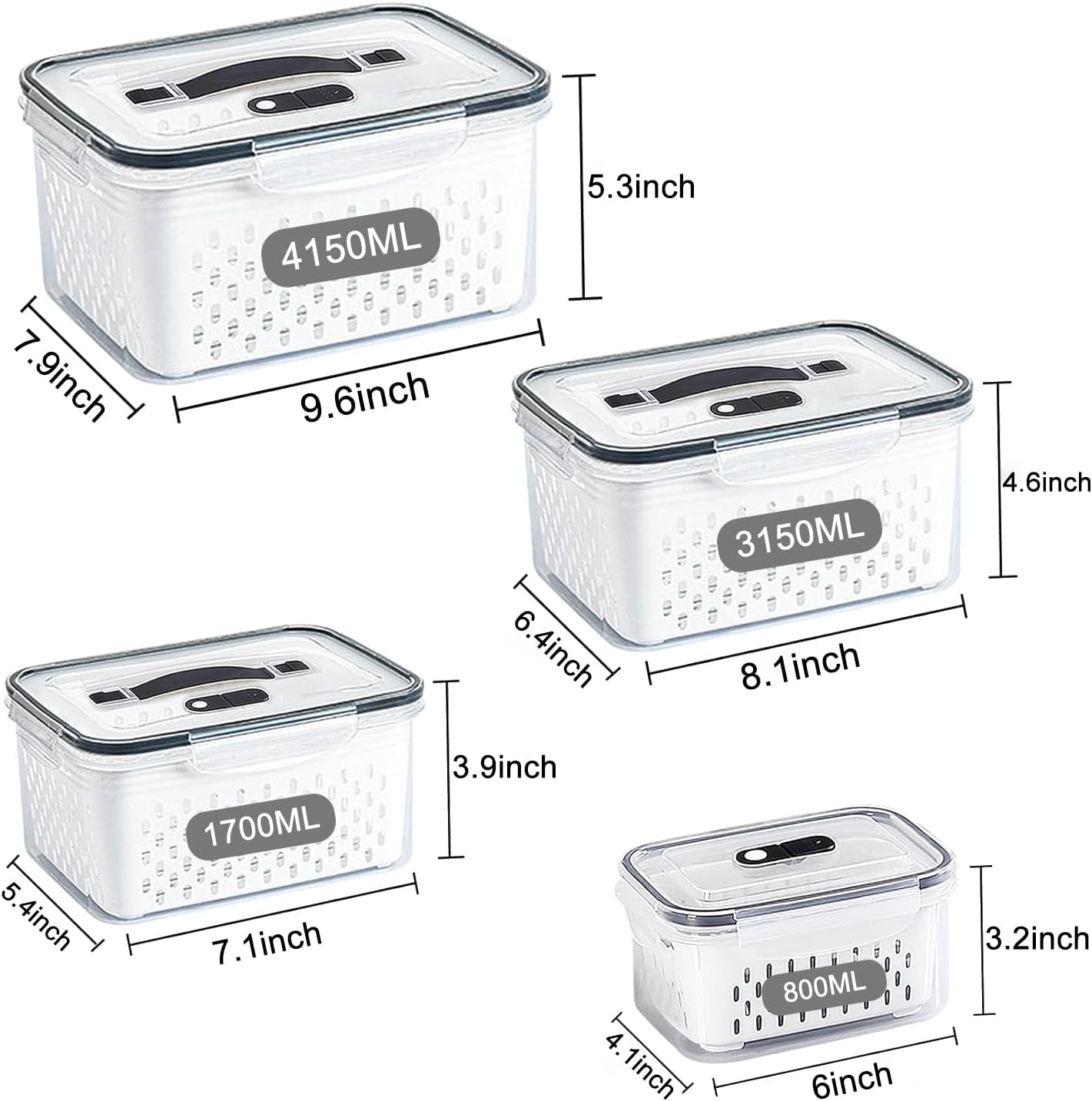 3Pack Fridge Food Storage Container Set with Lids with Strainer, Fruit Vegetable Storage Containers Keep Fruits, Vegetables, Berry, Meat Fresh longer, BPA-Free Plastic Produce Keepers