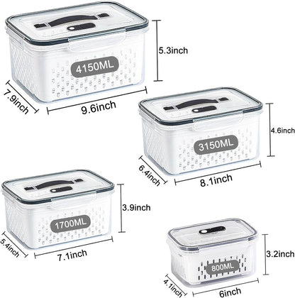 3Pack Fridge Food Storage Container Set with Lids with Strainer, Fruit Vegetable Storage Containers Keep Fruits, Vegetables, Berry, Meat Fresh longer, BPA-Free Plastic Produce Keepers