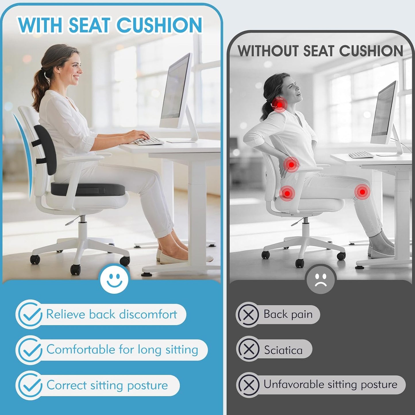 CushZone Ergonomic Seat Cushion & Lumbar Support Pillow - Memory Foam for Sciatica Pain Relief & Posture Correction, Non-Slip Chair Cushions for Office Chair/Car/Wheelchair/Travel (Black)
