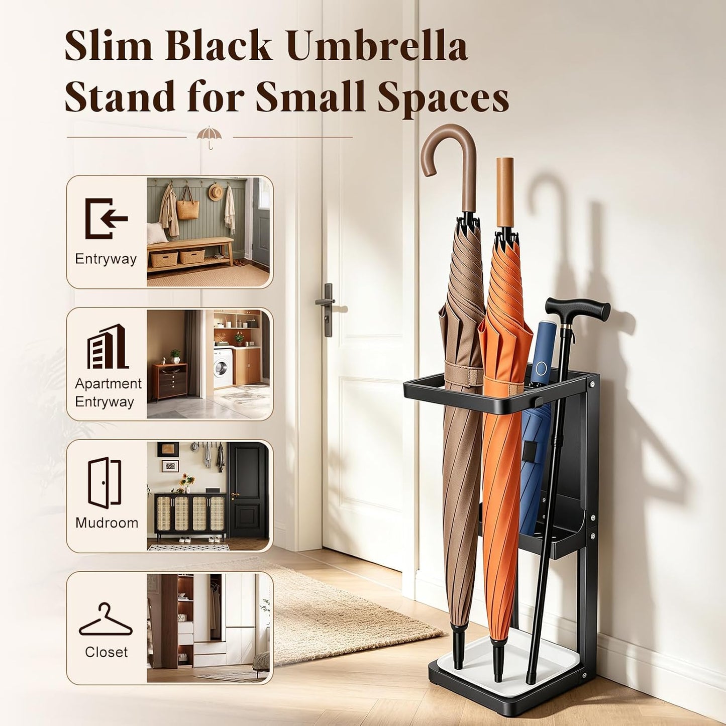 Umbrella Stand for Entryway, Sturdy Metal Umbrella Holder Indoor with Removable Drip Tray, Small Umbrella Rack for Long and Compact Umbrellas, Black Umbrella Storage Stand for Home Office