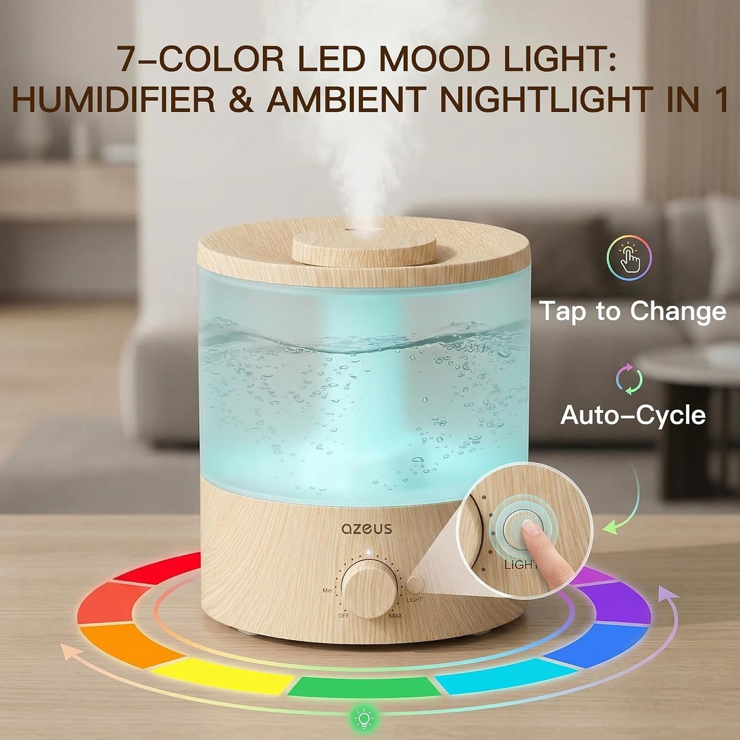 AZEUS SK7620 1.8L Ultrasonic Humidifier with 7 Color Night Light, Cool Mist Humidifier with Adjustable Output, Quiet Operation & Auto Shut-Off for Home and Office