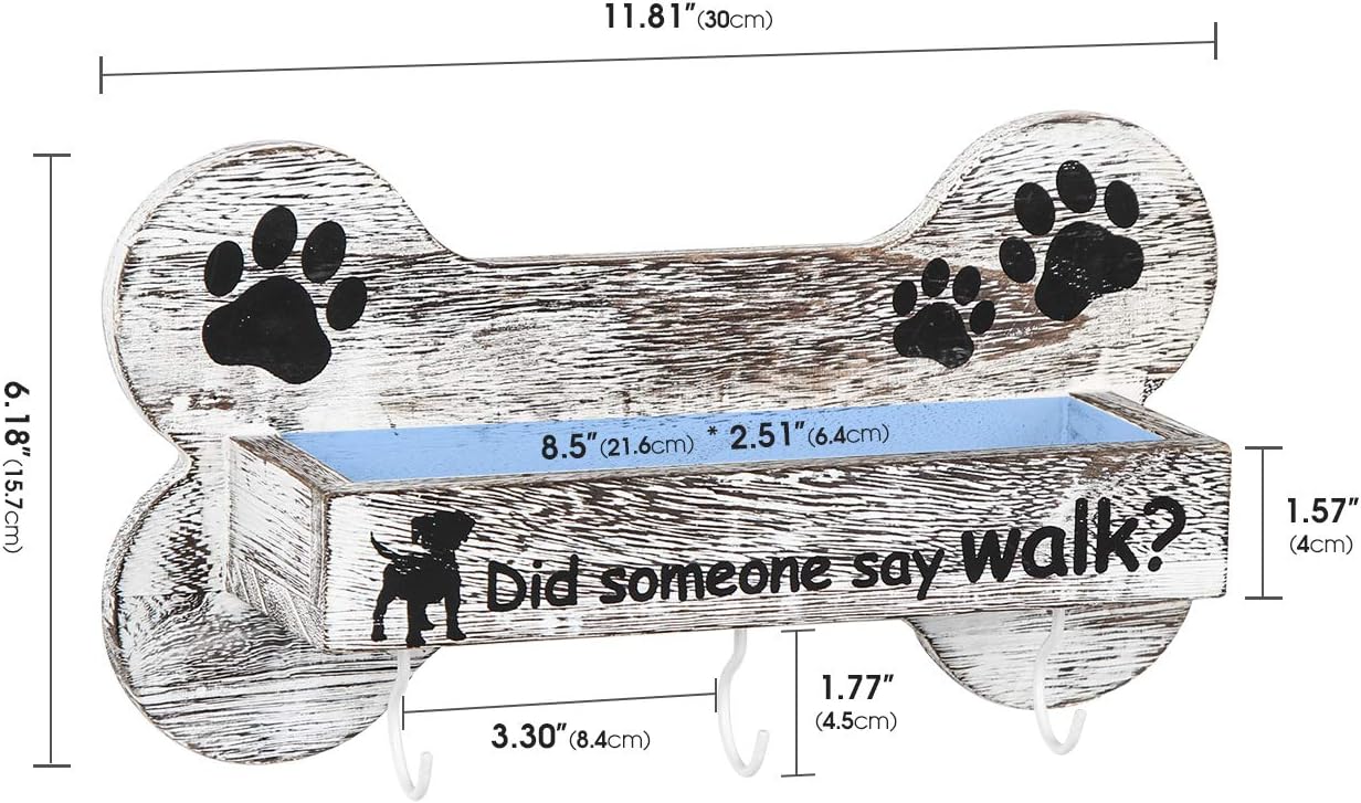 J JACKCUBE DESIGN Rustic White Bone Shape Wall Mounted Dog Leash Holder with 3 Key Holder Hooks and Extra Storage Compartment Box Shelf for Pet Treats, Accessories and more - MK679A
