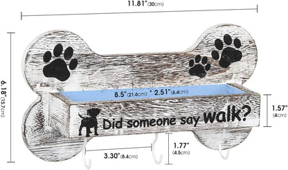 J JACKCUBE DESIGN Rustic White Bone Shape Wall Mounted Dog Leash Holder with 3 Key Holder Hooks and Extra Storage Compartment Box Shelf for Pet Treats, Accessories and more - MK679A