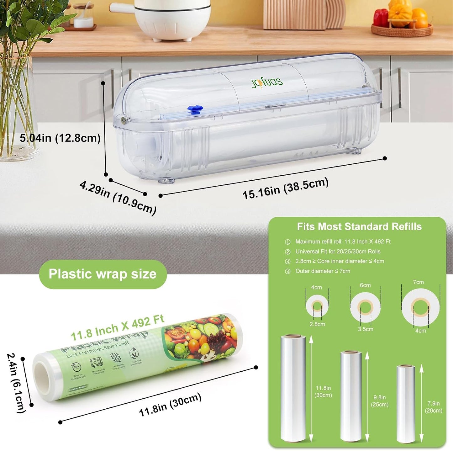 Plastic Wrap Dispenser with Slide Cutter, Fits 12 Inch Cling Wrap | BPA-free reusable dispenser fits 12" rolls. Compatible with cling film, tin foil and baking paper for food storage