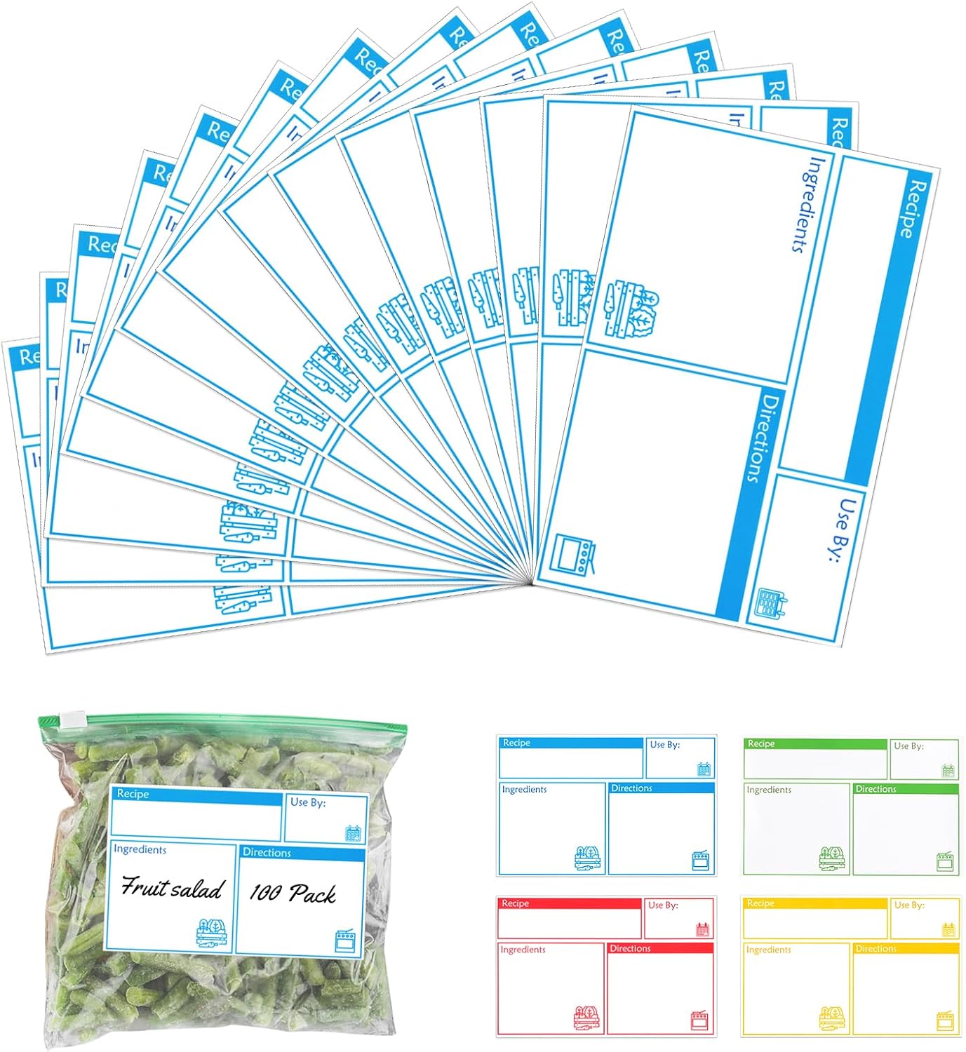 100pcs Labels for Freezer Bags Freezer Meal Labels with Instructions 3.2 X 5 inch Oil and Water Resistant Labels Food Labels for Freezer Storage for Leftovers in Fridge Removable Freezer (Blue)