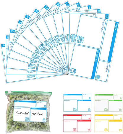 100pcs Labels for Freezer Bags Freezer Meal Labels with Instructions 3.2 X 5 inch Oil and Water Resistant Labels Food Labels for Freezer Storage for Leftovers in Fridge Removable Freezer (Blue)