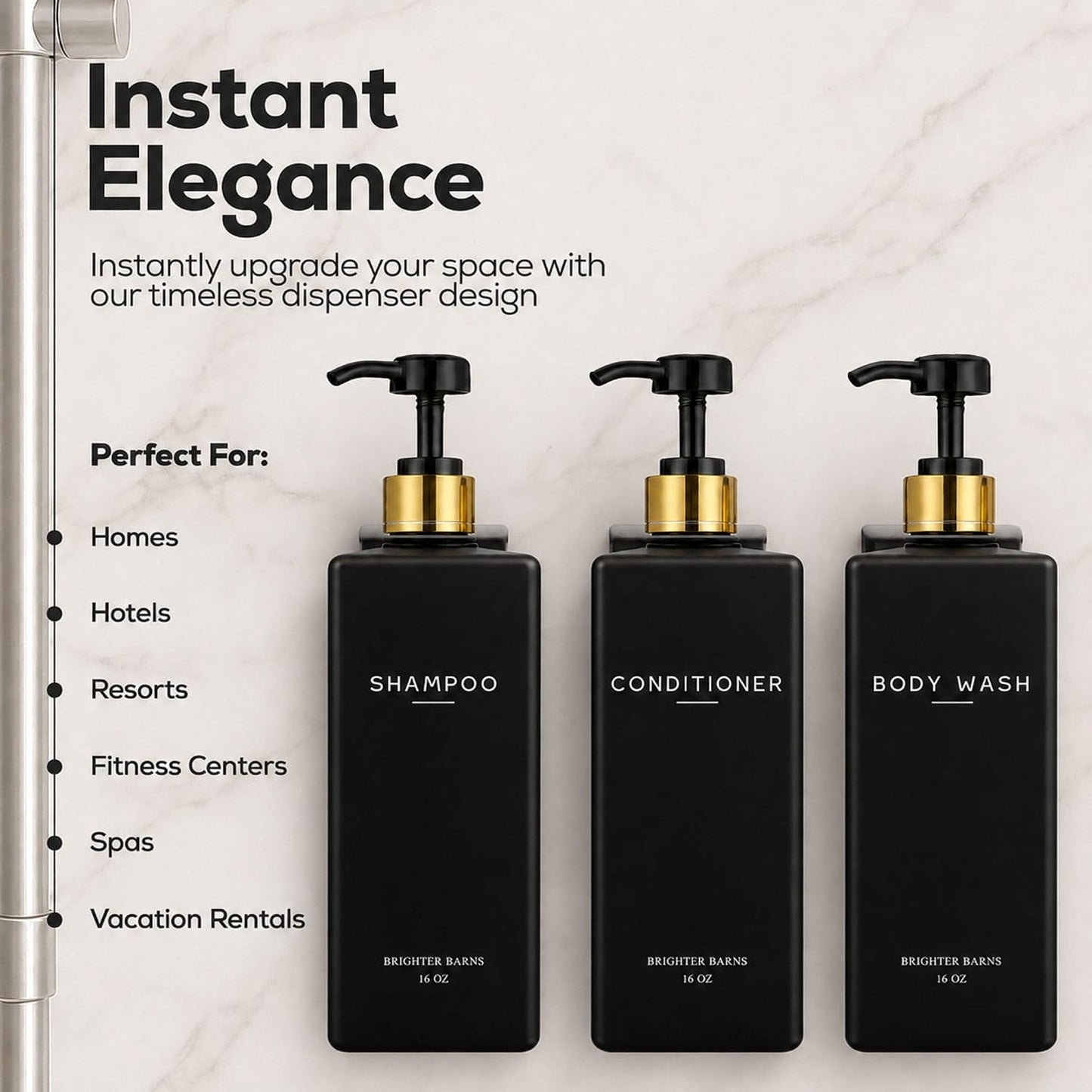 Clear Shampoo and Conditioner Dispenser Set Wall Mounted by Brighter Barns - Refillable Shower Soap Dispensers 3 Chamber No Drill - Plastic Shampoo, Body Wash and Conditioner Bottle for Hotels (Clear)