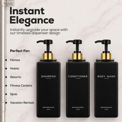 Clear Shampoo and Conditioner Dispenser Set Wall Mounted by Brighter Barns - Refillable Shower Soap Dispensers 3 Chamber No Drill - Plastic Shampoo, Body Wash and Conditioner Bottle for Hotels (Clear)