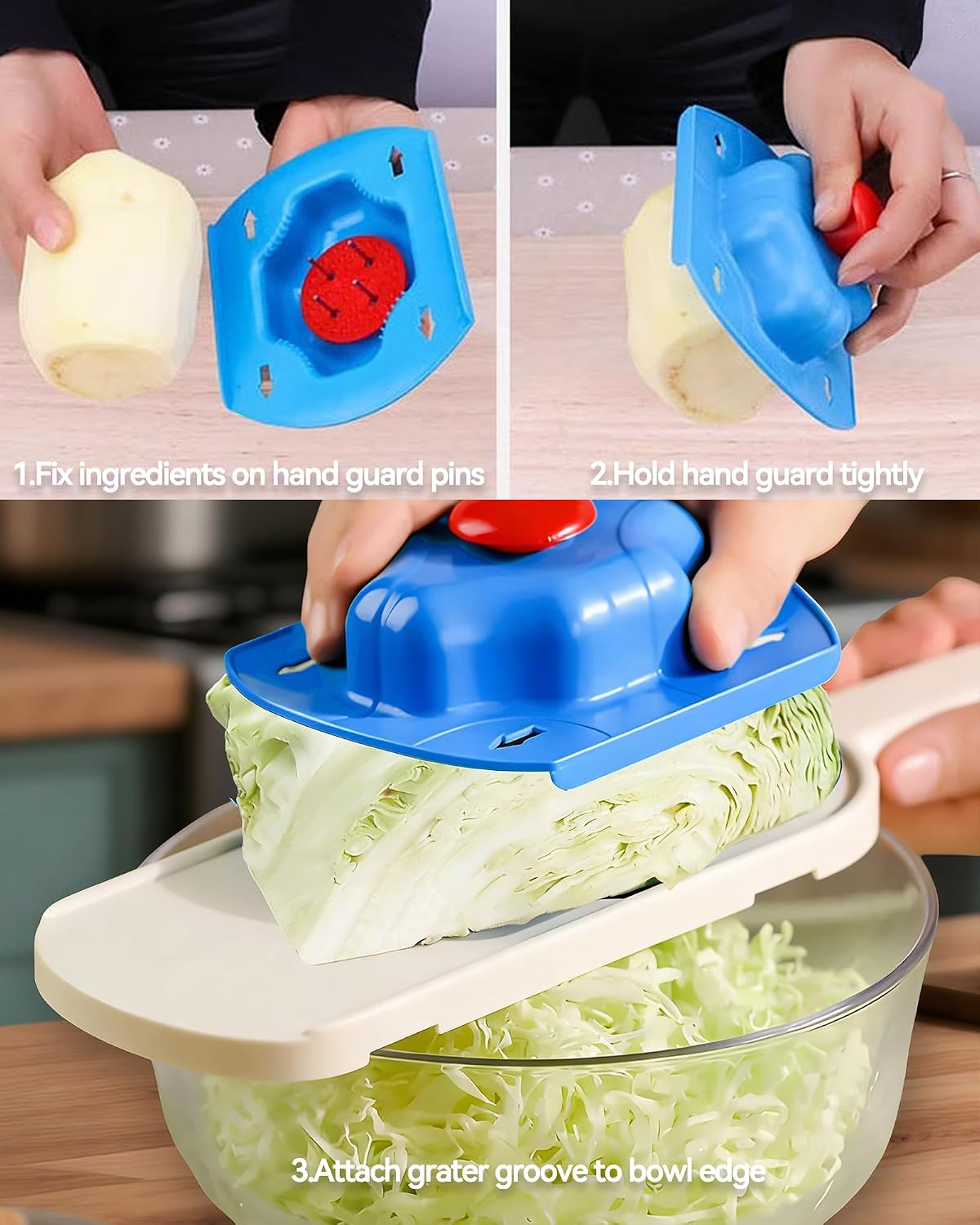 Handheld Mandoline Slicer for Kitchen - Stainless Steel V-Blades | Food Holder & Cleaning Brush, Comfort Grip, Easy to Clean, Vegetable Chopper Cheese Grater