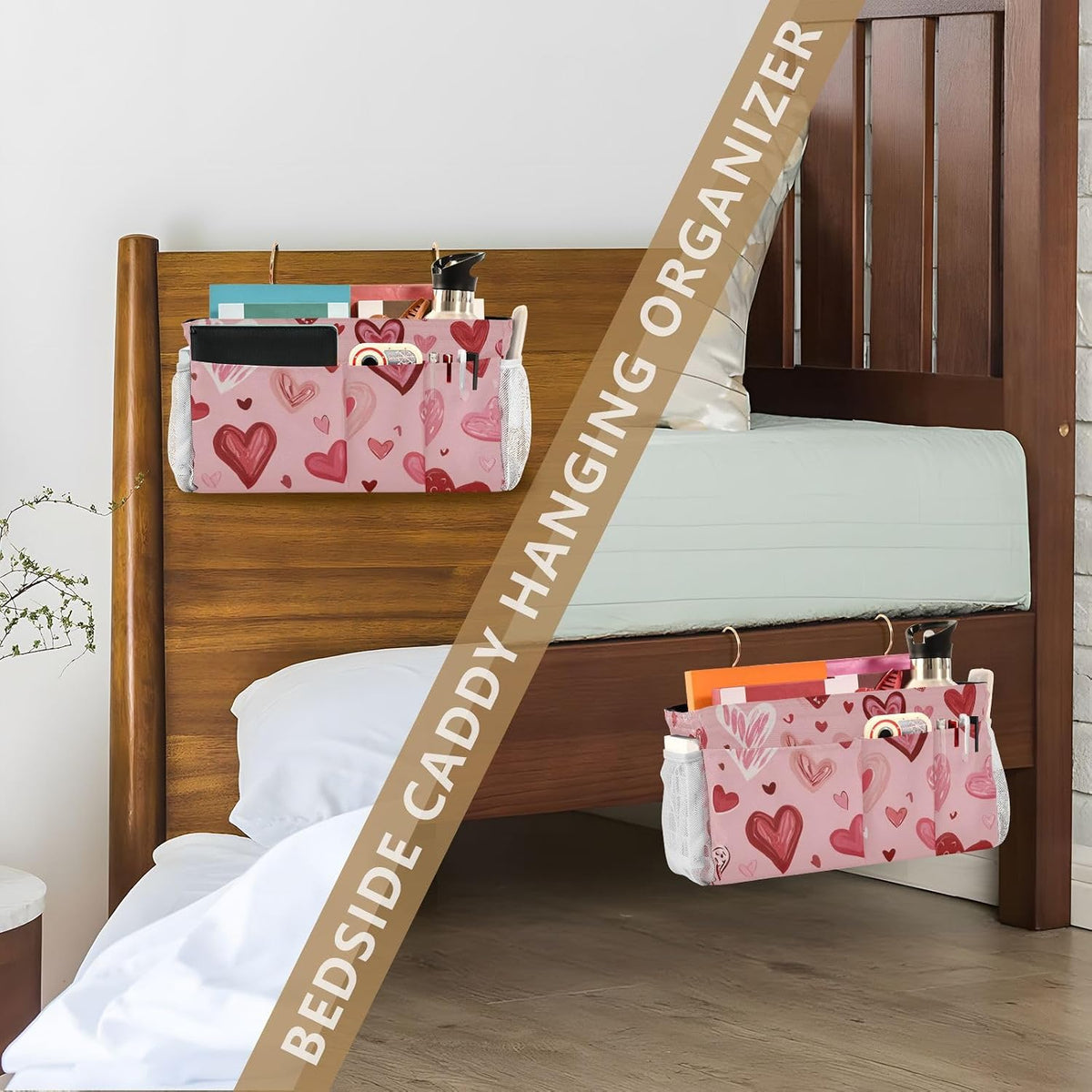 Bedside Caddy Hanging Bunk Bed Caddy Bed Organizer Hanging Pocket with 2 Hooks Bedside Storage Organizer Pocket Bag Holder Checkered Light Green - Colors B