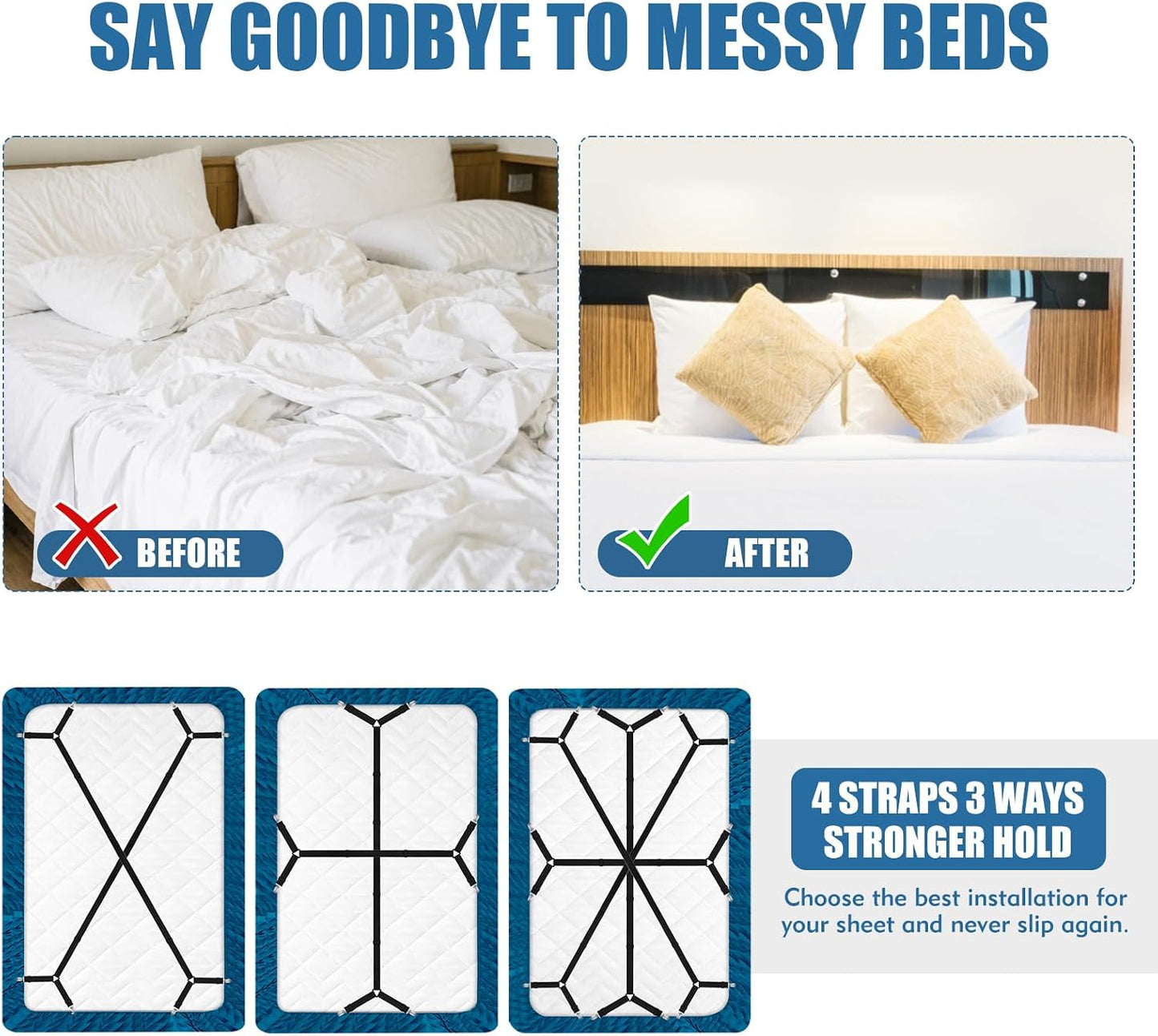 4Pcs Sheet Holders, Adjustable Bed Sheet Holders for Corners Elastic | Sheet Straps Upgrade with Metal Clips Keep Sheet Firm & Tight, Non-Slip Strong for Crib to King Size Bed