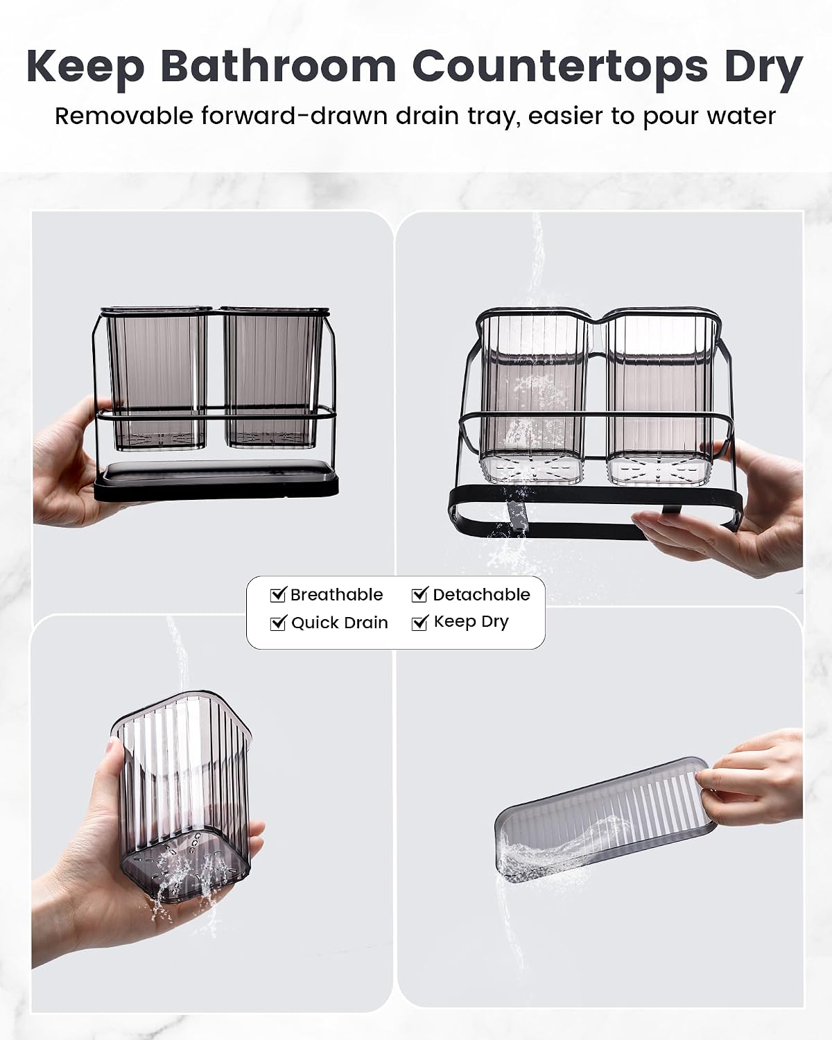 Clear Toothbrush Holders for Bathroom, 2 Cups Wall Mounted, Dry & Wet Separation, Organizers and Storage Set for Family Kids