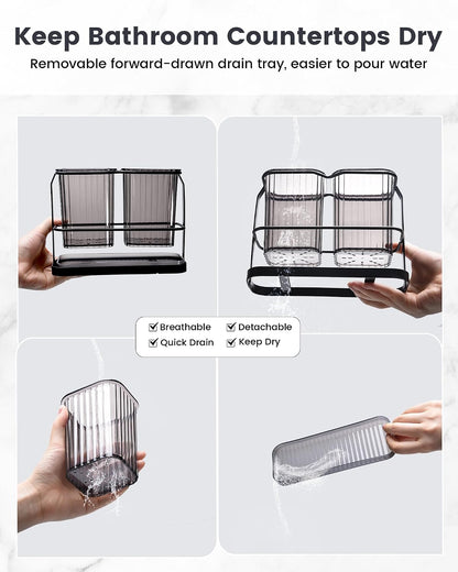 Clear Toothbrush Holders for Bathroom, 2 Cups Wall Mounted, Dry & Wet Separation, Organizers and Storage Set for Family Kids